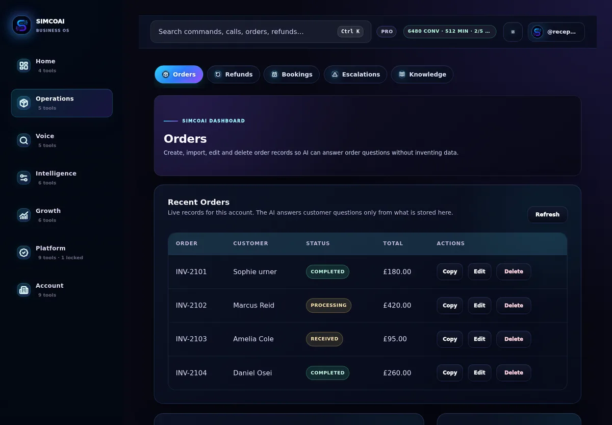 SIMCOAI orders module with records and CSV import