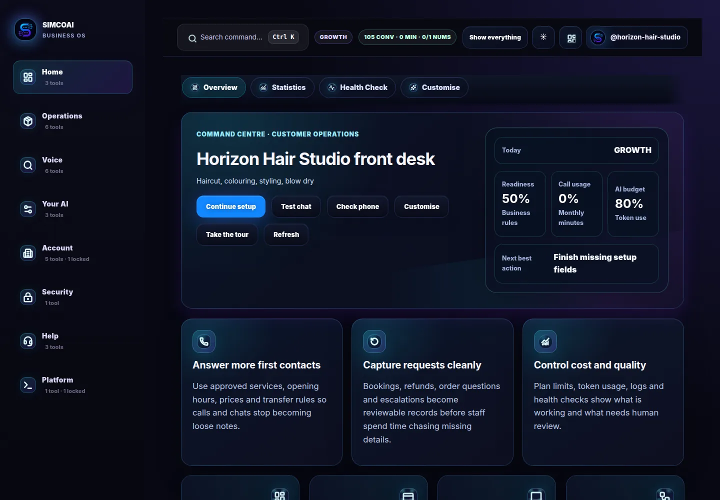 SIMCOAI dashboard command centre overview